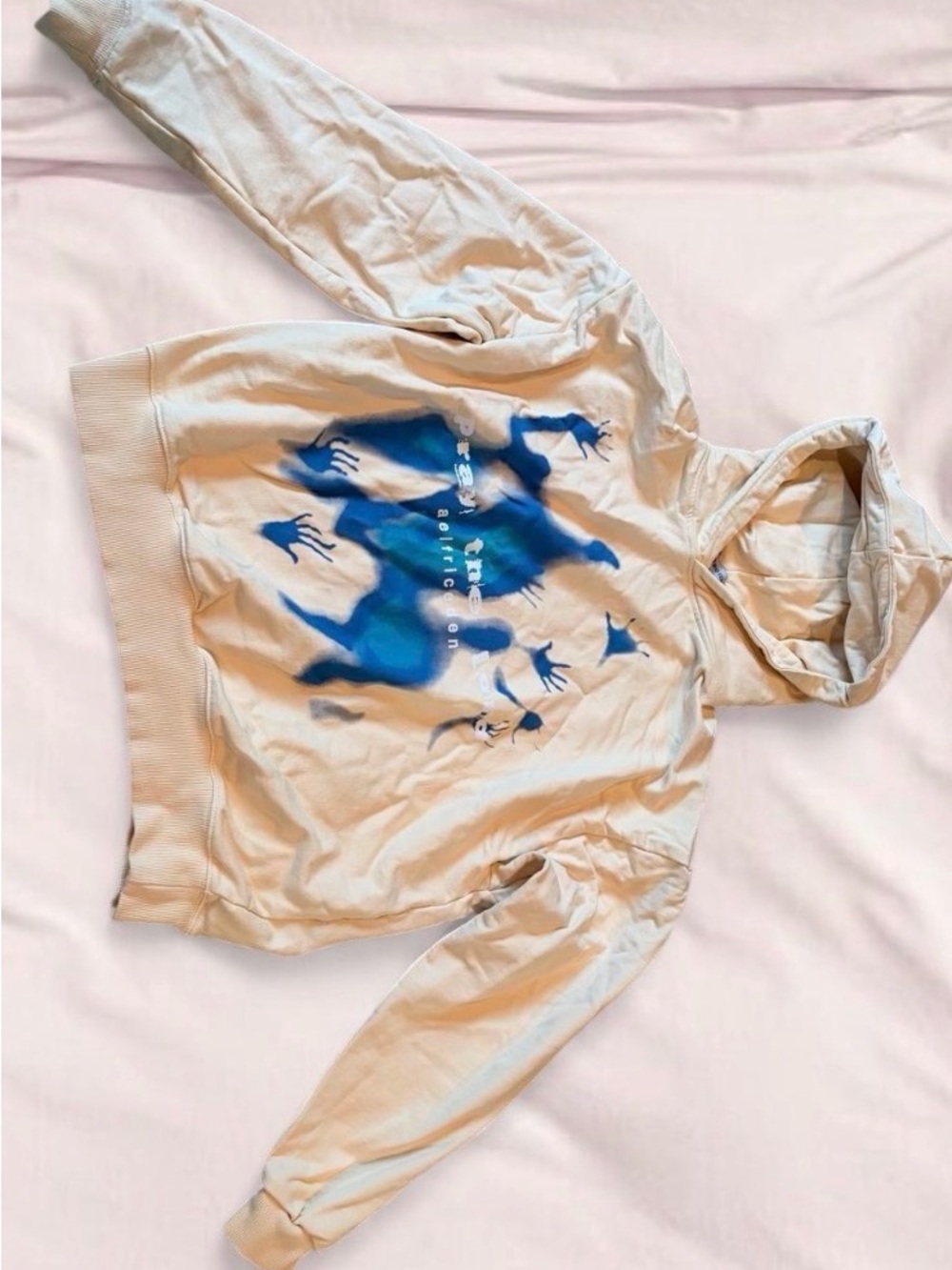 Beige Hoodie with Blue Graphic Print